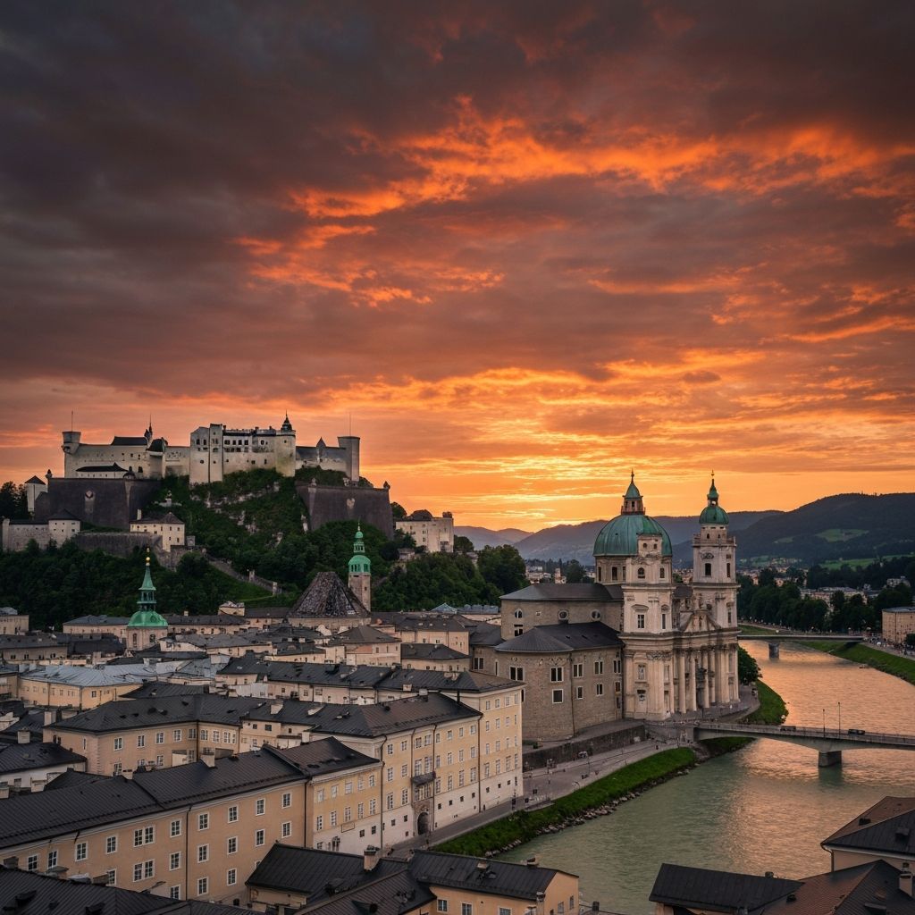 Salzburg, Austria at golden hour with Hohensalzburg Fortress